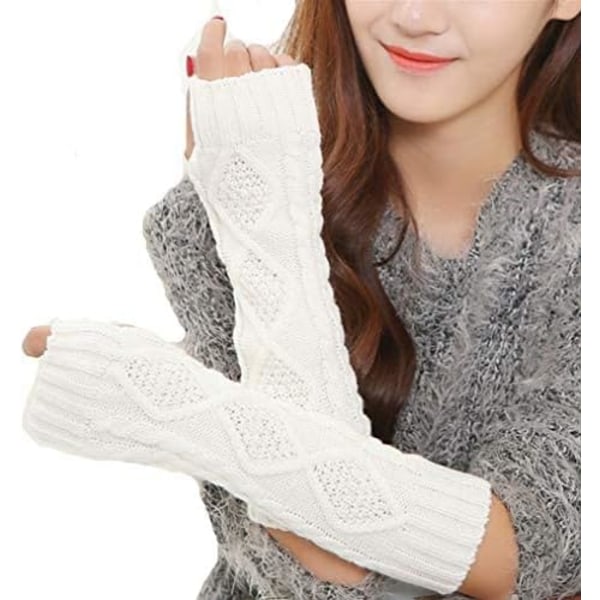 Vita handskar Braid Knit Oversleeve Hand Arm Warmer Fingerless Mit