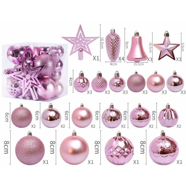 Juledekorasjonspakke med 45 knusebestandige julepynt for jule- og festdekorasjoner (rosa)