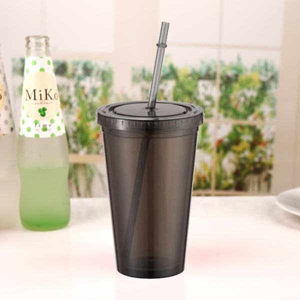 Dubbelväggig mugg med sugrör, plastmugg, återanvändbar iskaffemugg, klar mugg - svart