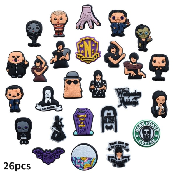26ST Croc Charms keskiviikko Addams Kengän koristeet Sarjakuva Lisävarusteet Clog Sandaalit Rannekoru Rannekoru