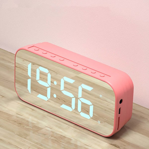 Bluetooth-kaiutinherätyskello Digitaalinen kello Bluetooth-kaiuttimella Peili Digitaalinen näyttö Herätyskello makuuhuoneen toimistoon Vaaleanpunainen