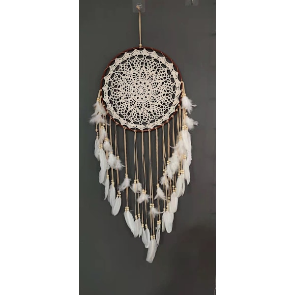 Stor Boho Drömfångare Vit Fjäder och Pärlor Väggbonad Vintage Bröllop Heminredning 40cm Cirkel 110cm Lång