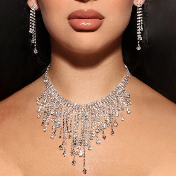 Rhinestone Crystal Set halsband örhängen hänge lång tofs smycken set av två