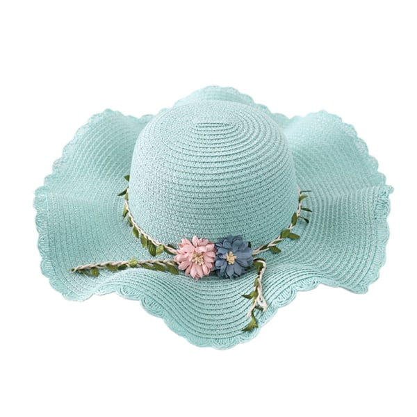 CDQ 52-54cm hatt omkrets barns blomma stråhatt vågig Lake green
