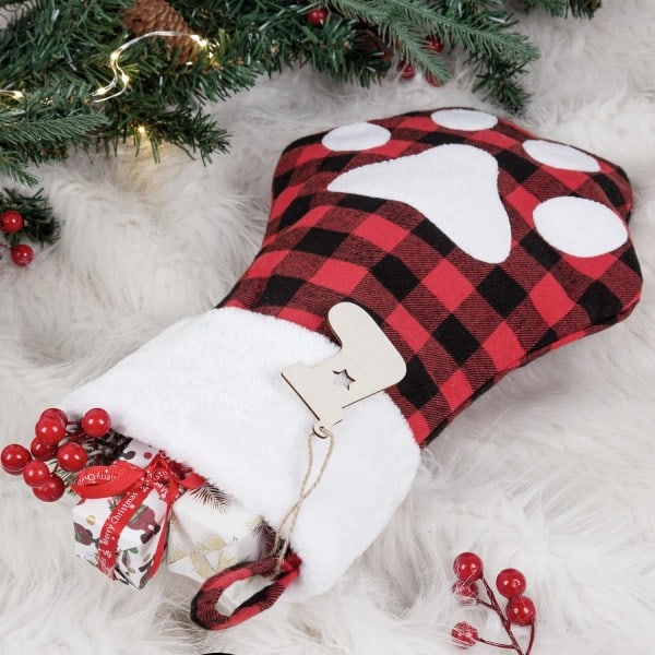Julstrumpor för husdjurshund, 2-pack, buffelrutiga julstrumpor, 17 tum, hund, katt, tassar, tryckt spis