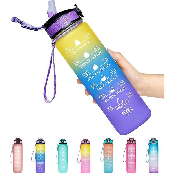 Sport vattenflaska med tidsmarkeringar, slitstark, 1 liter, 1 klick Öppna - Perfekt