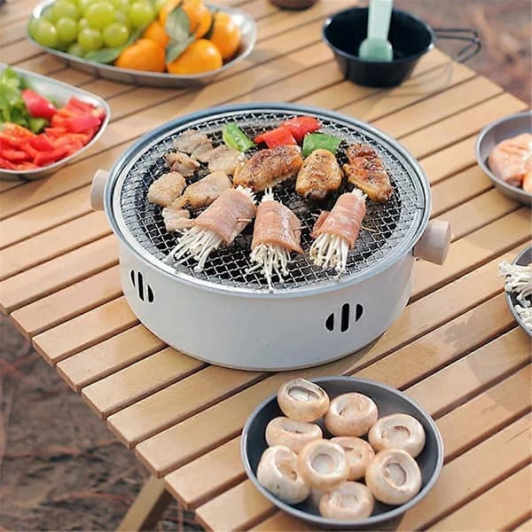 Rund Kullgrill Ovn Multifunksjonell Rustfritt Stål Non-Stick Bærbar BBQ-komfyr for Camping Teselskap 28cm