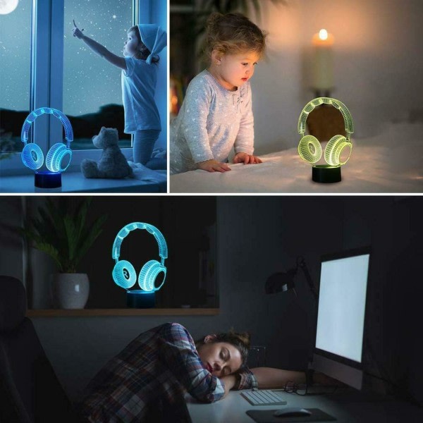 Hodetelefoner Headset 3D Illusion Lampe 16 Farge Nattlys, Smart Touch Sensor & Fjernkontroll Sengelamper Hjemmeinnredning Barn