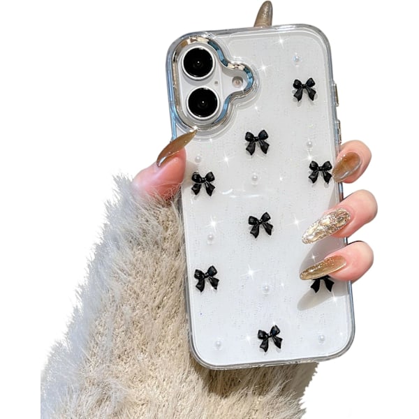 Cover til iPhone 16, Bling Glitter 3D Roset Telefoncover Sødt Glitrende Krystalklart Roset Slim Blødt Holdbart Beskyttende Cover Sort Black iPhone 16