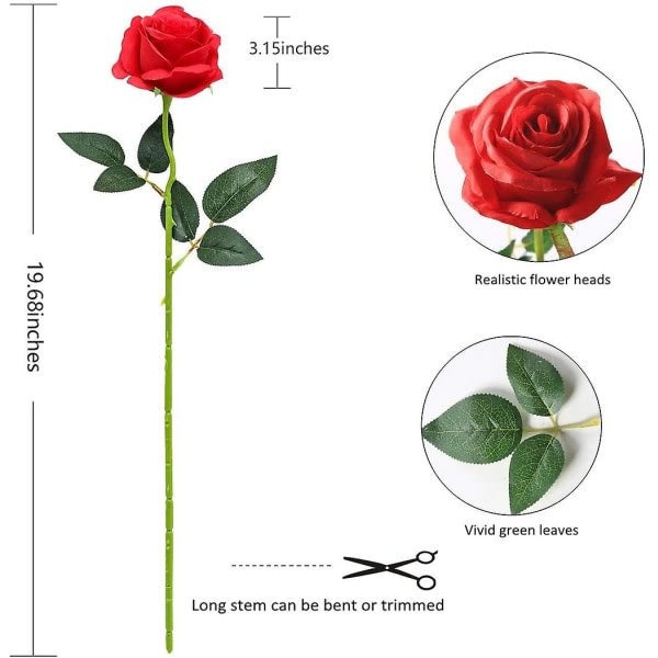 Sett med 12 konstgjorda rosor Deco falska sidenblommor Enkel stjälk realistisk blomma (rød) röd