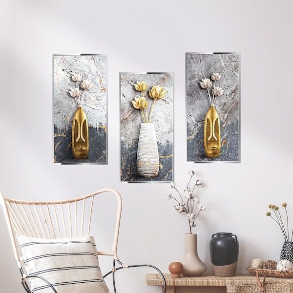 3D Vas Lotus Väggdekaler, Ramlös Självhäftande Väggkonst Dekor Set om 3, 3D Vinyl Väggkonst Dekal Heminredning Vägg