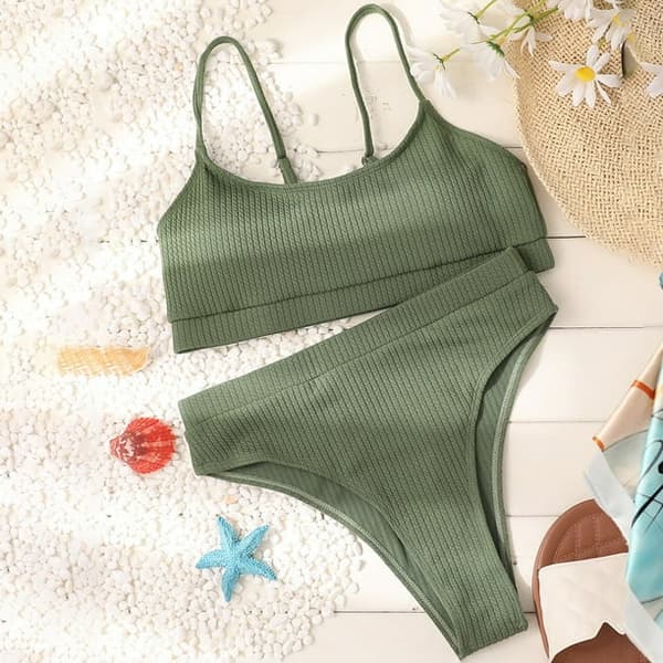 Kvinnor Hög Midja Ribbad Cami Bikini Baddräkt Armégrön L-US12