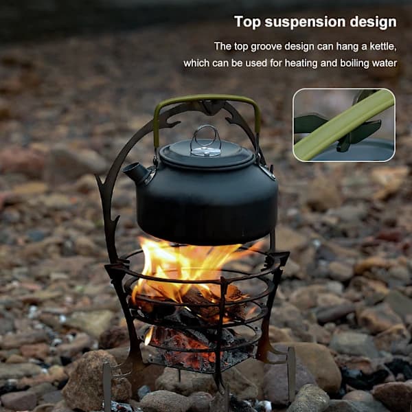 Bärbar Lägereldsgrill Järn Hopfällbar Vedeldad Eldstad Stativ Med Vattenkokarkrok för Camping Vandring Backpacking Silver