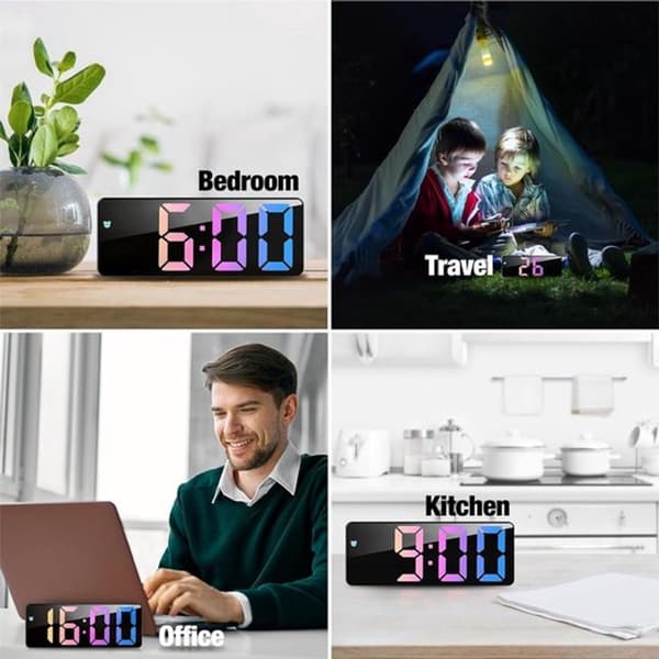 Digitalt vækkeur til børn med natlys, 13 ringetoner og RGB-display til drenge- og pigeværelse, pink