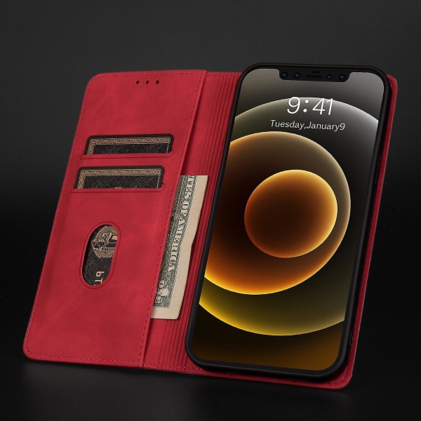 Kompatibel med Iphone 12 Case Magnetstængning Plånbok Bok Flip Folio Stativ Visa Läderfodral Cover - Röd null ingen
