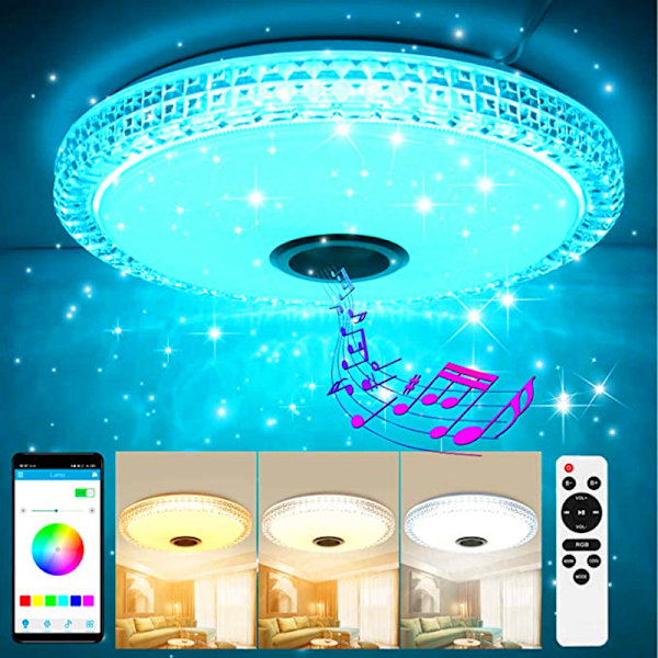 36W Krystall LED-taklampe med Bluetooth-høyttaler, fjernkontroll/APP-kontroll