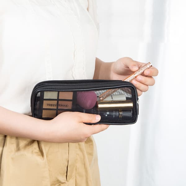 Transparent makeupværktøjsopbevaringspose, fint net, længde 23,5, bredde 9,5 cm