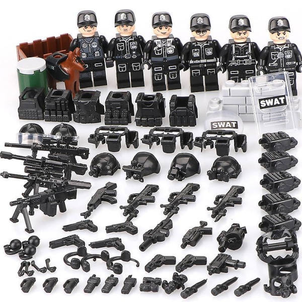 6 stk. Swat Politi Salon Byggeklodser Med Våben, Skudsikre Veste, Politihund Udstyr, Minifigurer, Børns Samle Legetøj