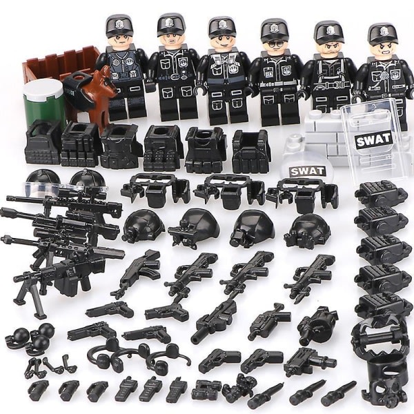 6st Swat polissalongsbyggklossar med vapen, skottsäkra västar, polishundsutrustning, minifigurer, monteringsleksaker för barn