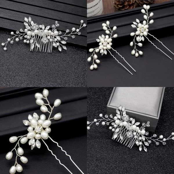 Brudehårtilbehørsett Perlekrystall Rhinestone Hårkam og 2 Hårnåler for Brudepiker Kvinner Sølv