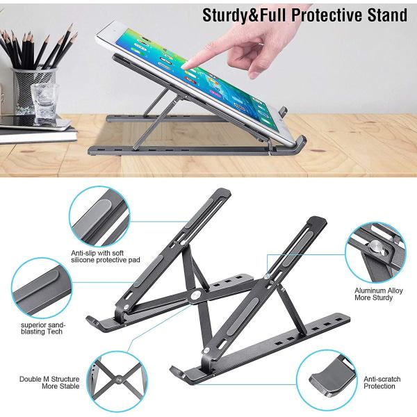 Bærbar stativ, justerbar aluminium ventilert, ergonomisk kjøler kompatibel med Macbook Air, hp, dell, 10-15.6