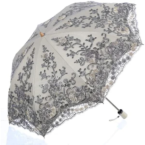 Sammenleggbar UV-beskyttelse brodert bryllupsparaply for sol, regn og snø, sølvgrå, 100 cm
