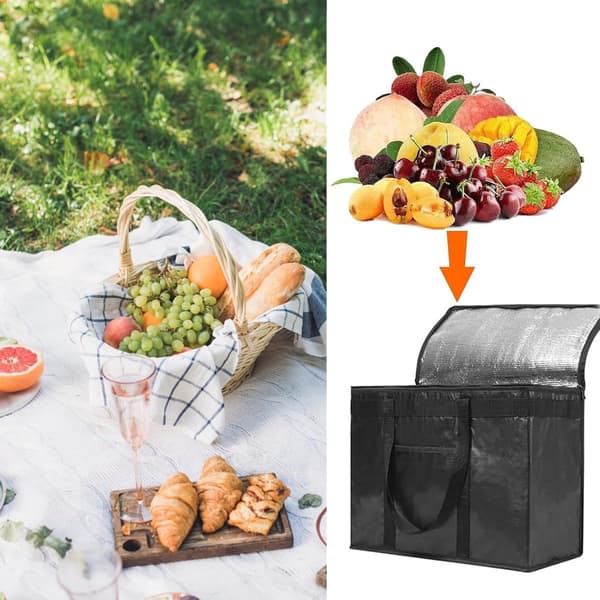 2 kjølebager - 30L - Sammenleggbar, stor, med solid glidelås - Isolert handlepose, piknikpose - for utendørs reise - 41*26*33 cm - Svart