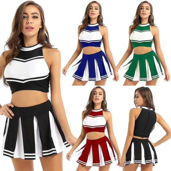 Kvinnor Vuxna Cheerleader Uniform Performance Outfit Japansk Skolflicka Cosplay Kostym Ermløs Crop Top Mini plisserad kjol Rød A L
