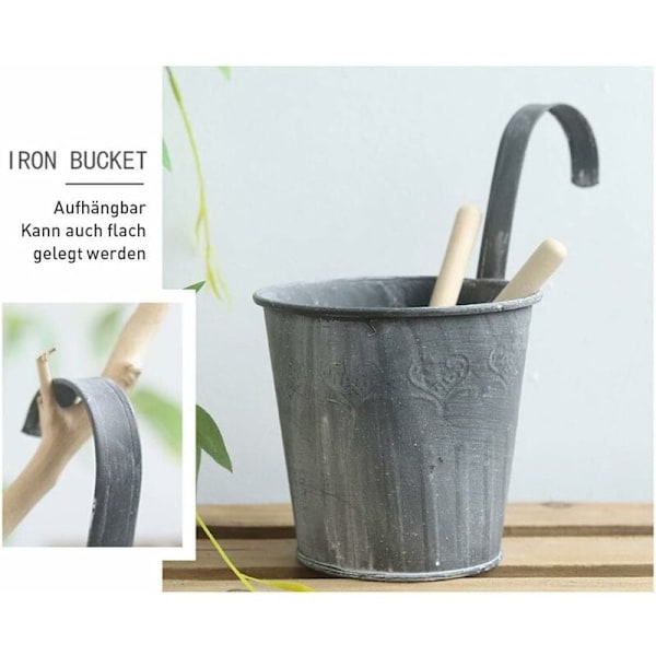 Set med 3 hängande metallplanteringskärl i järn med plåtkrokar, vas för balkong och trädgård, hängande blomkruka