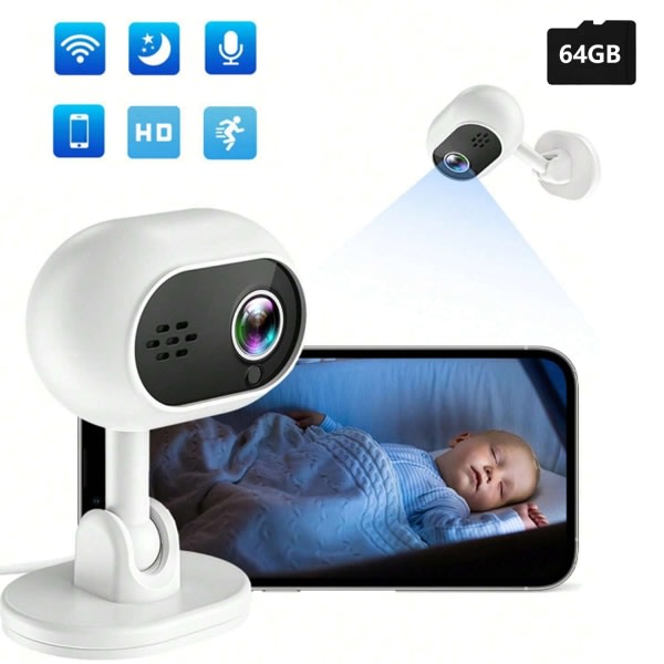 1080P HD Mini WiFi-kamera PIR-bevægelsesdetektering Nat-DVR Hjemmesikkerhed Nanny Cam Send 64G-kort Hvid