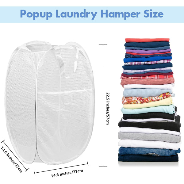 Pop-up vaskekorgar, 1 st Mesh pop-up tvättkorgar, premium pop-up tvättkorgar, mesh tvättkorgar, hopfällbar pop-up mesh korg, vit