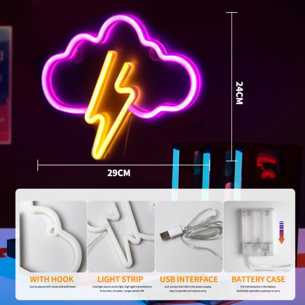 Neon-pilvi ja salama -kyltti, LED-koriste, pelikoriste, pelihuoneen sisustus, neonvalo, USB- ja paristokäyttöinen B