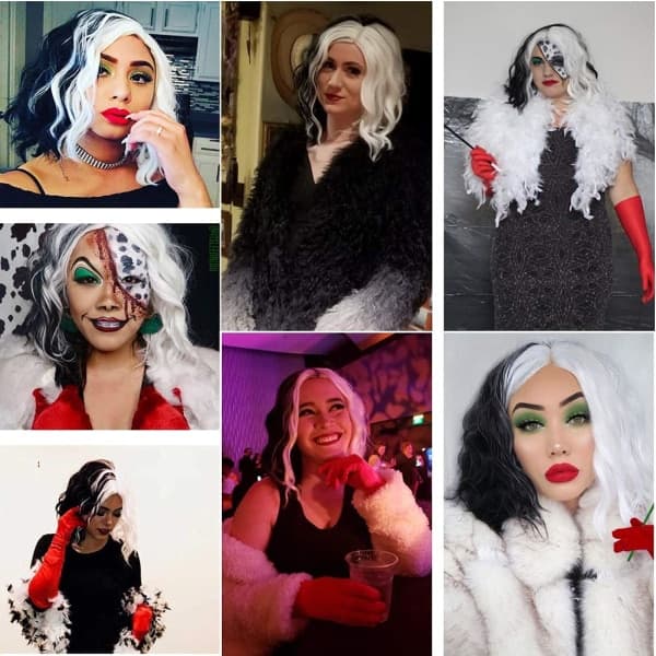 Halv hvid halv sort kort bob paryk til kvinder til cosplay og Halloween