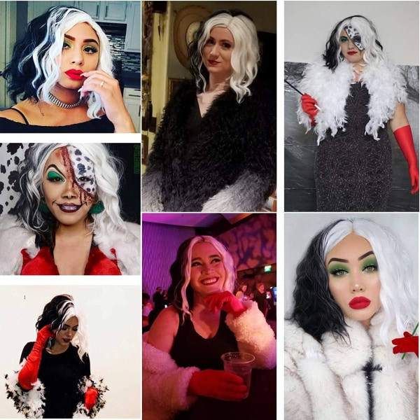Puolivalkoinen puolipunainen lyhyt bob-peruukki naisille cosplayhin ja Halloweeniin