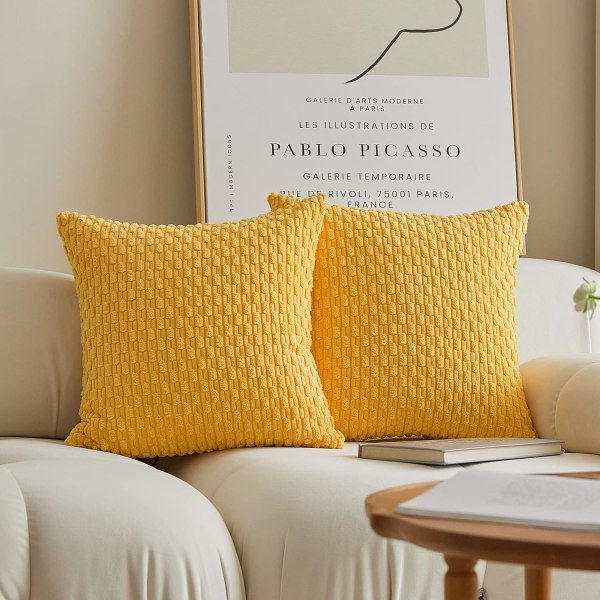 2-pack kuddfodral i sammet med ränder för soffa, 40x40 cm, 16 x 16 tum, gul