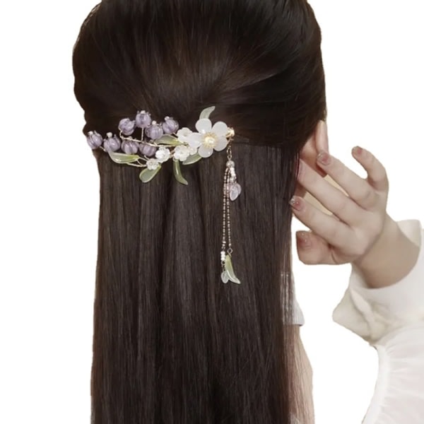 CDQ Elegant lila blomma hårklämma med tofs för kvinnor