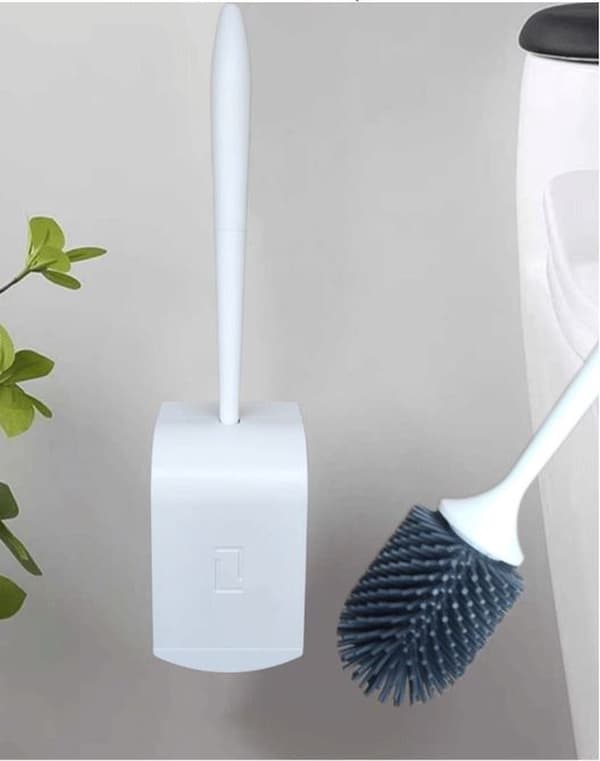 Silikone toiletbørste med holder - nem montering med selvklæbende strimmel - tilbehørssæt - lysegrå/hvid