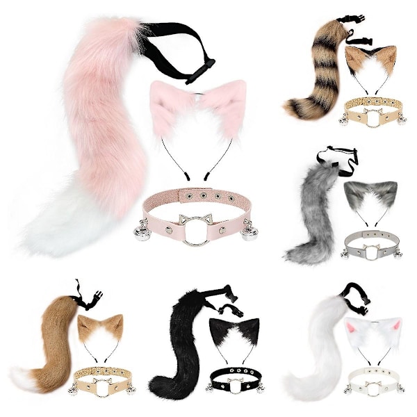 3 st Cosplay Katt Söta Öron Hårband Fluffig Rävsvans Klocka Halsband Set Leksaker -a Black