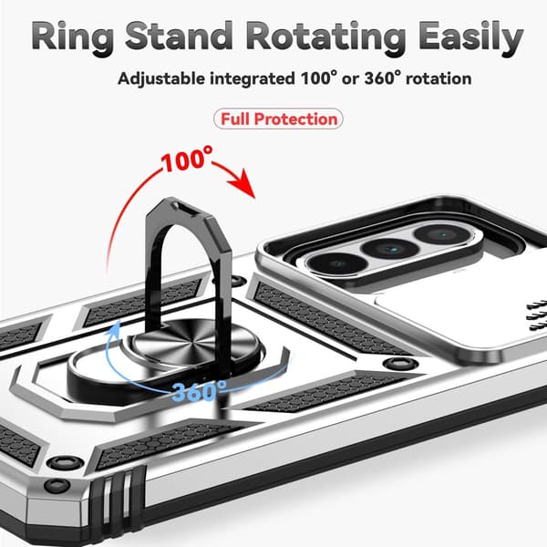 Samsung Galaxy A56 5G-deksel, 360° kamerabeskyttelse, skyvedeksel, støtsikker PC-rustning, ringstativ, kompatibel med bilfeste, sølv