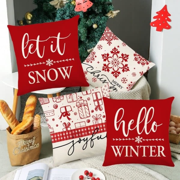 Julkuddfodral 18 * 18 tum Linnekuddfodral Cover Snöflinga röd Vinter fritidshus Soffa Sovrum Set med 4(JYM212)