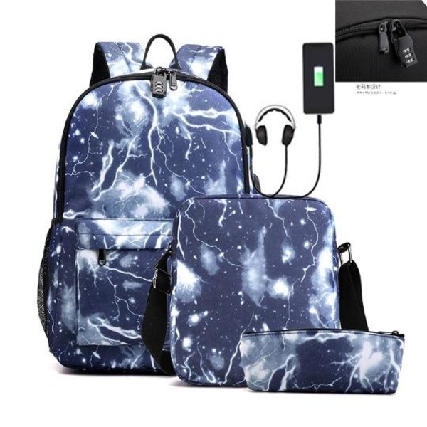 Barnryggsäck, pennfodral, axelremsväska, 3-pack, med USB-uttag, blixtblå blixt blå 3st