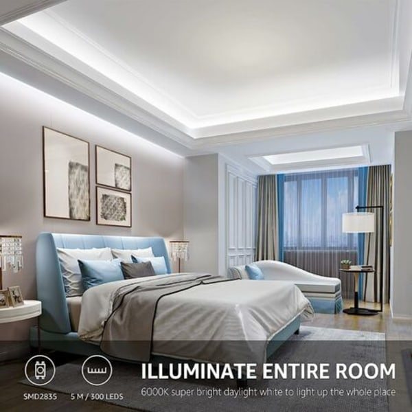 5M LED 1200Lm Kallvit Dimbar, 12V 6000K 300Leds 2835, Självhäftande LED-remsa med dimmer, kontaktdon+transformator, Inomhusbelysning för möbler, trappor, sovrum, kök