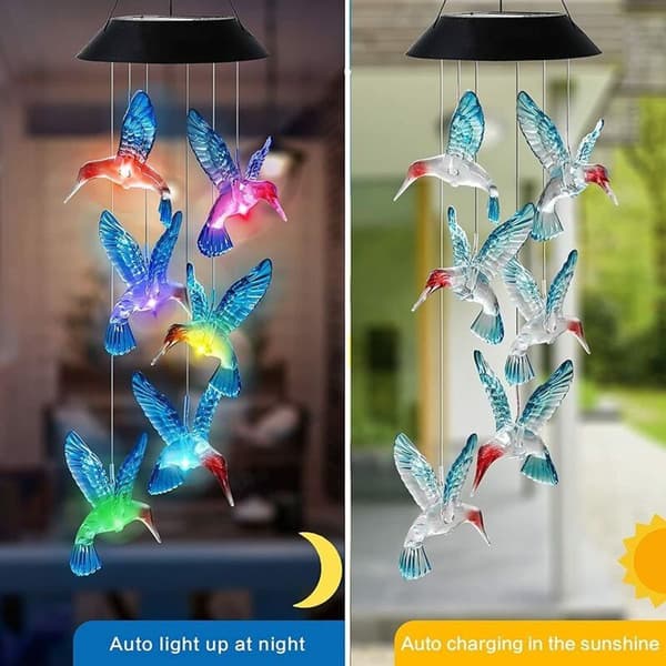 Solcellelyskæde Solcellevindspil Farveskiftende Kolibri Vandtæt LED Mobil Solcellelampe