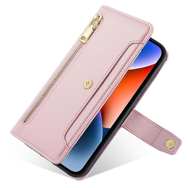 För Samsung Galaxy F14 5g Phone case med dragkedja Anti-drop Pu Läder Plånbok Telefonskal med 2 remmar Rosa