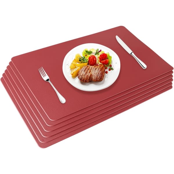 CDQ Bordsunderlägg i PU-läder Set med 6 bordsunderlägg Tvättbara vattentäta underlägg 45x30cm, röd