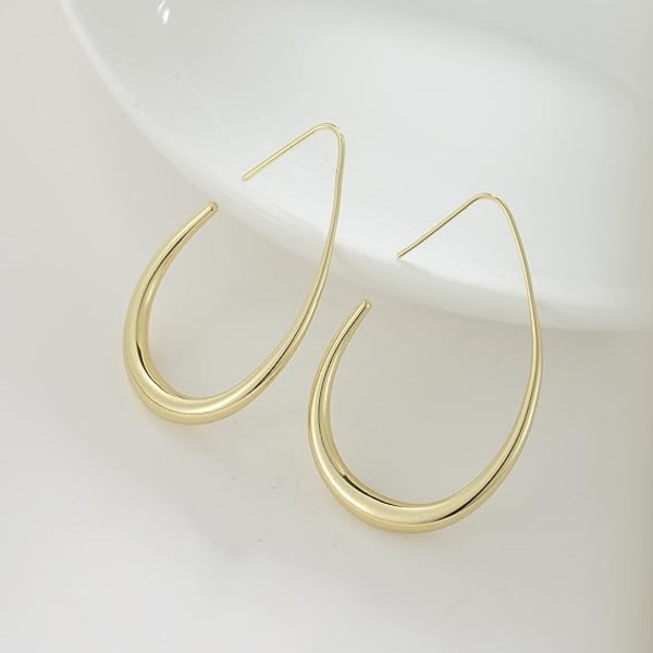 Latta Teardrop Hoop-örhängen for kvinner - 14k guld/vitguldpläterade store ovala pull-through-bågeörhängen Högpolerade smycken
