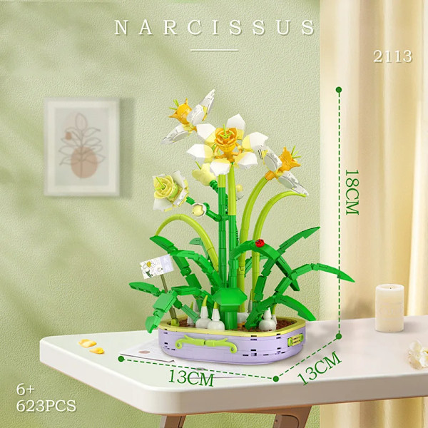 Narcissblomma Rakennuspalikat Ruukkukasvi Bonsai Palikat Lelut Kodin sisustus DIY Kukkapalat Palapelit Lelut Lapsille Tytöille Lahja 2113