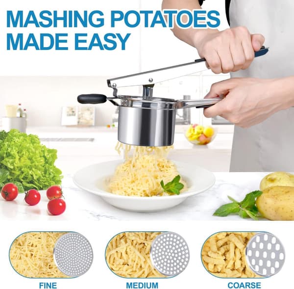 Stainless Steel Potato Press - Potato Masher - Includes 3 Discs with Different Textures - Can be Hung - Makes Potatoes