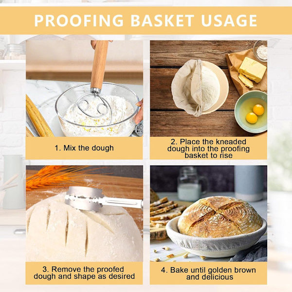 Bread Baking Fermentation Basket - Yeast Baking Set - Includes a 23 cm Round Fermentation Basket and a 25 cm Oval Fermentation Basket, a Whisk - Dough Scraper