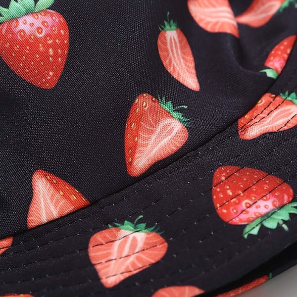 Söt bucket hat strandfiskarhattar för kvinnor, vändbar dubbelsidig Strawberry